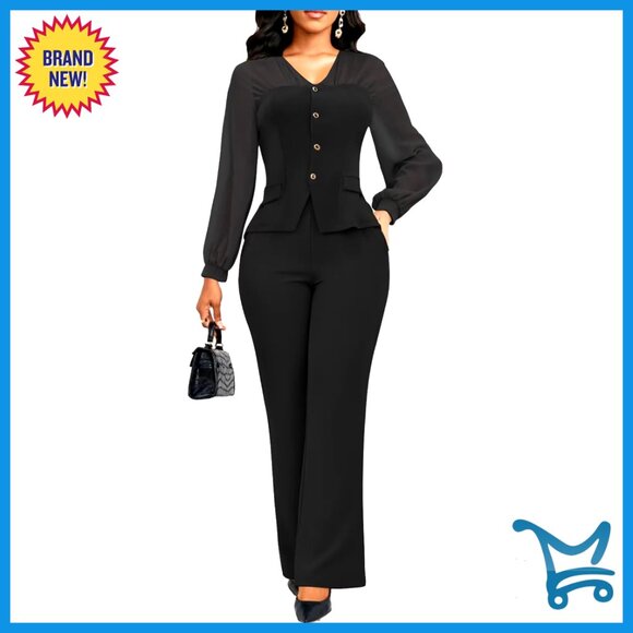 Women's Mesh Sleeve Blazer Wide Leg Pants Suit Set Business Office